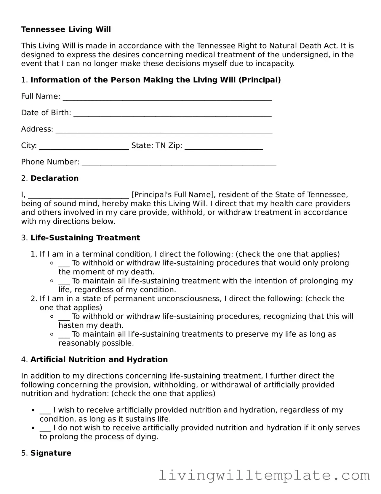 Fillable Living Will Template for Tennessee State