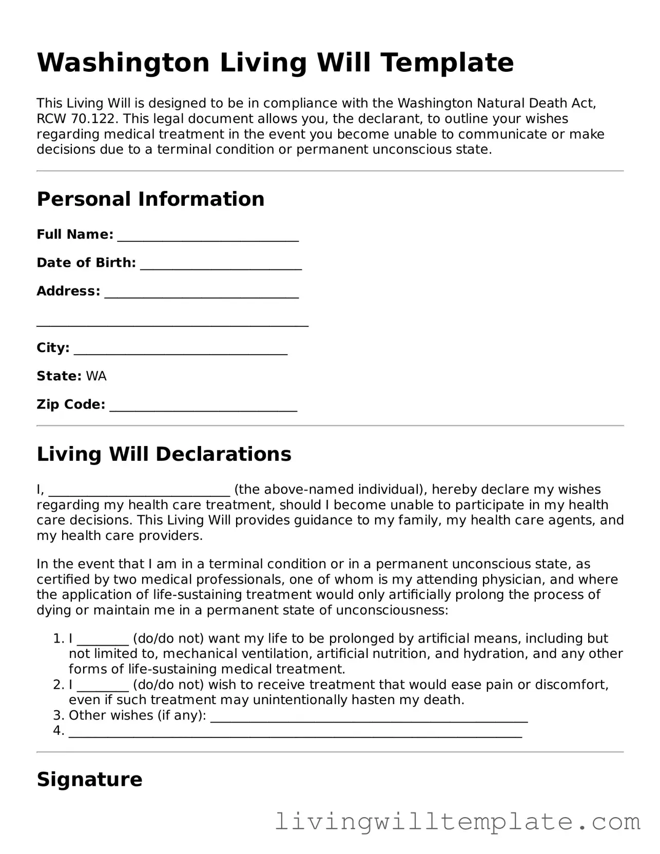 Fillable Living Will Template for Washington State